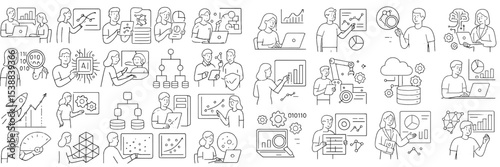 Digital professionals engaging in collaborative data analysis and tech discussions in a modern office environment