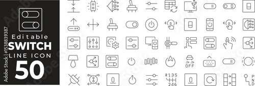 Electrical switch icons collection. Includes toggle, on-off buttons, smart home control, and circuit switch symbols. Editable stroke.