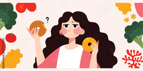 A woman is deciding what to eat, bagels or vegetables. capturing a moment of decision in a vivid illustration style.