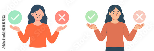 Two women demonstrating concepts of approval and disapproval with colored symbols in a simple design