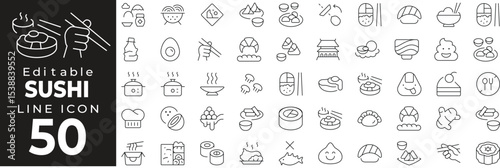 Japanese sushi food icon collection. Featuring sushi rolls, chopsticks, soy sauce, wasabi, and seafood dishes. Editable stroke.