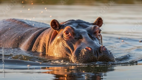 Close-up of hippopotamus swimming in river at golden hour, with natural green background. Wild animal in its habitat, captured in warm evening light. Wildlife nature photography
