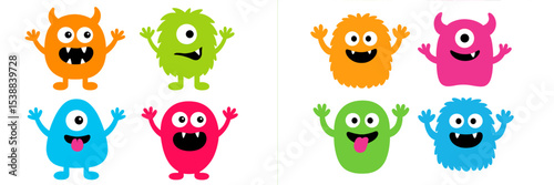 Colorful cartoon monsters celebrating with joyful expressions in a fun, playful arrangement at a party atmosphere