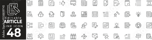 News and article document linear icons. Includes writing, publishing, newspaper, blog, content, and journalism-related elements. Editable stroke.