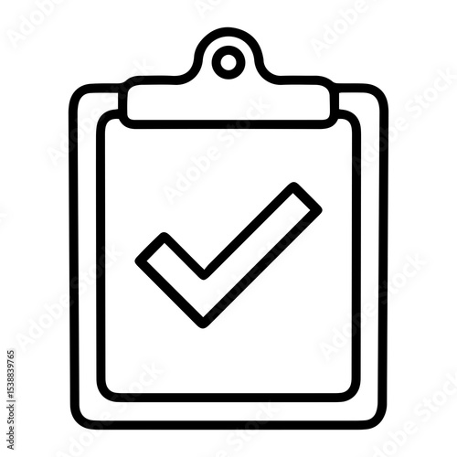 Outline style image depicts a clipboard with a document featuring a large checkmark symbol centrally placed, signifying an accepted file, an approved entry, or a successful validation. Related to data