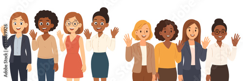 Group of diverse women smiling and waving together in a friendly atmosphere during a daytime gathering