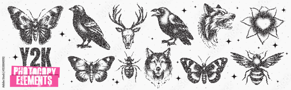 Intricate y2k-inspired illustrations of nature's diversity featuring birds, insects, and wildlife