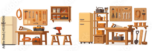 Workshop interior with tools and utilities set up for home improvement tasks during daylight