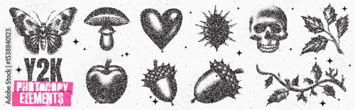 Unique Y2K-inspired graphic elements featuring butterflies, mushrooms, hearts, and nature motifs for creative designs