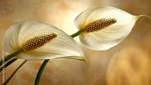 Two delicate, light-cream-colored peace lilies, with soft, subtle textures, against a warm beige background