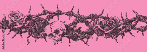 Artistic depiction of skull and roses intertwined with thorns on a vibrant pink background creating a striking contrast