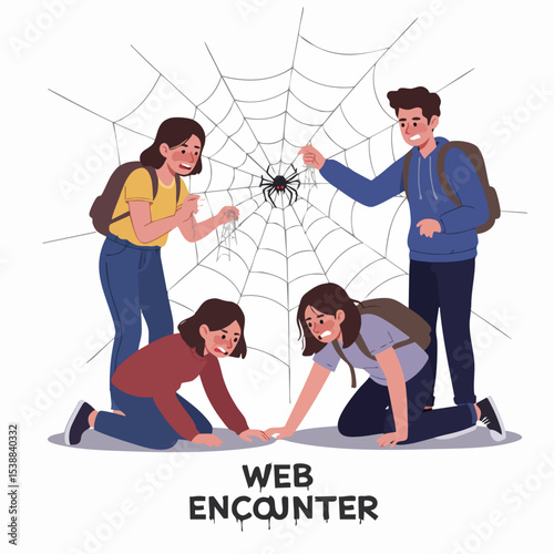 Kids and Spiderweb: A cartoon group student is captivated and scared of a giant spiderweb. A vector image, designed with vibrant color to evoke tension and excitement.