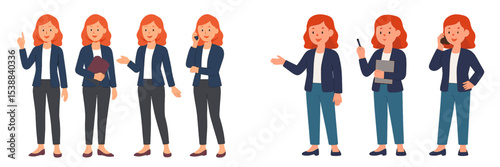 Diverse illustrations of a woman showcasing different professions and emotions in a creative setting