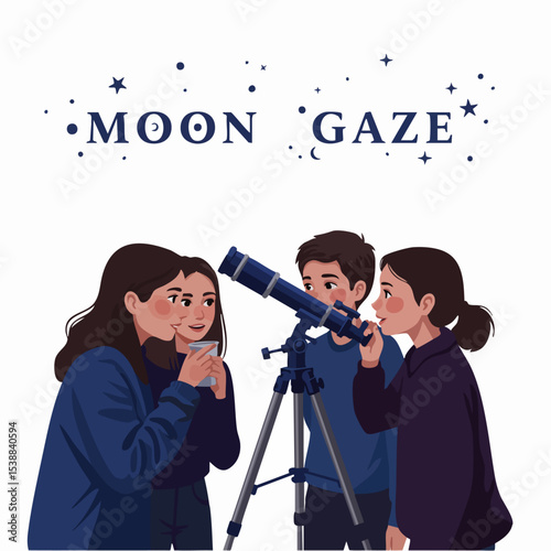 Moon Gaze: Group of friends Observing the night sky with a telescope, stars, and moon in the background, creating a moment of wonder and connection.