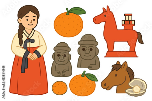 Traditional Korean dress with symbolic elements representing culture and heritage in a vibrant illustration