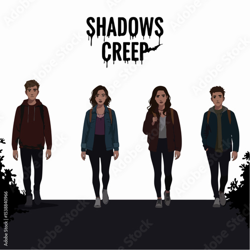 Shadows Creep: a captivating cartoon illustration of four individuals, their faces filled with a touch of mystery. As they journey forward, the words "Shadows Creep" hang above them.