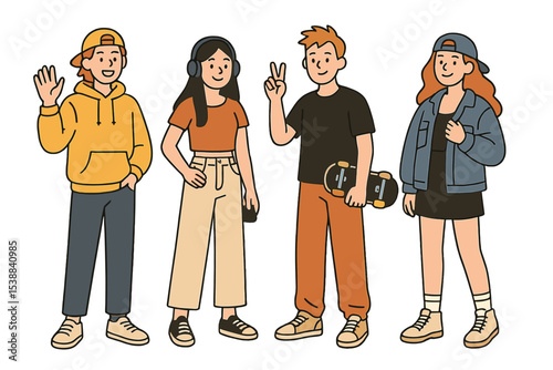 Group of friends enjoying a casual day outdoors with skateboards and music in a vibrant urban setting