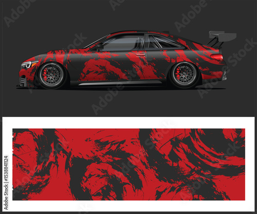 Red and Black Abstract Car Wrap Design for Racing