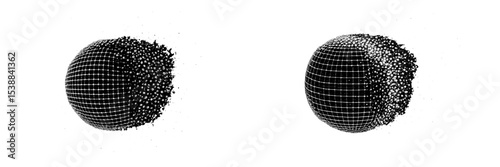 3D spherical objects transitioning from solid to fragmented forms in a digital space