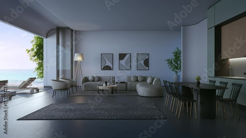 Sea view large living room of luxury summer beach house with terrace. Dining table on concrete floor and white wall kitchen in vacation home or holiday villa. Hotel interior 3d illustration.