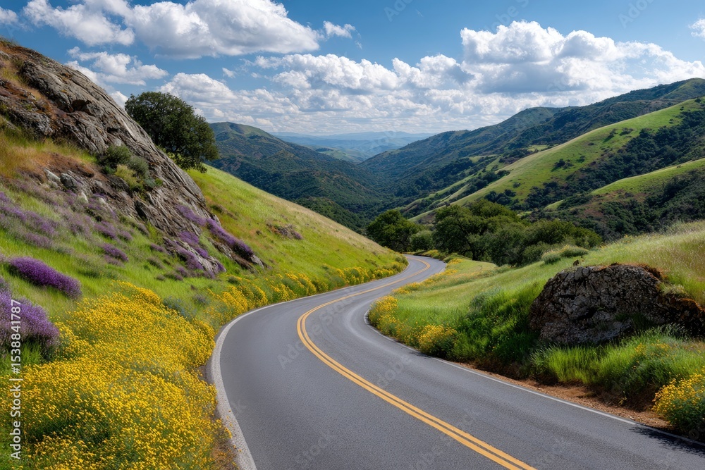 Fototapeta premium Winding mountain road through green hills under a partly cloudy sky