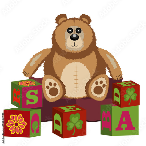 little bear.ai children's toy furry bear sits among cubes
