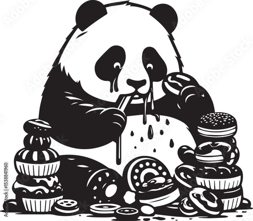 Adorable Panda Bear Enjoying a Delicious Bowl of Noodles Graphic Design