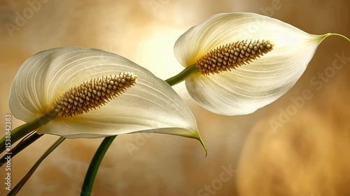 Close-up of two delicate, pale yellow-white peace lilies, highlighting the intricate veining and textures of the petals