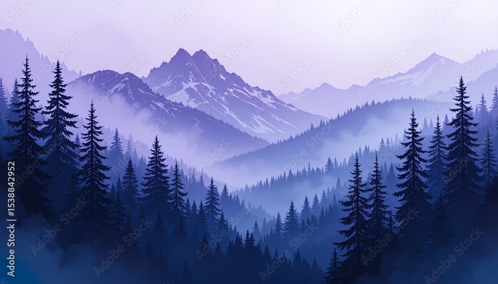 Obraz premium Misty mountain range with coniferous forest silhouettes.