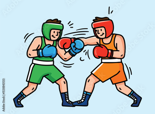 A dynamic vector illustration depicting two athletes in a Muay Thai or kickboxing match