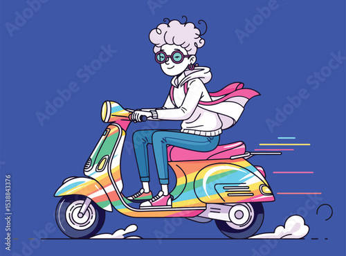  cartoon illustration of a person with spiky hair and glasses riding a vintage scooter with a yellow helmet and a red scarf