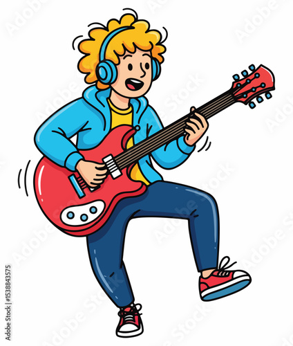 A vibrant vector illustration of a young, curly-haired person wearing headphones and enthusiastically playing an electric guitar, depicting the joy and energy of music