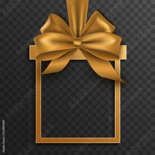 Gift box cut out of paper with a luxurious gold ribbon and bow on a transparent background. 3D Label for holiday, celebration, sales, adds and festive premium design. Vector illustration.