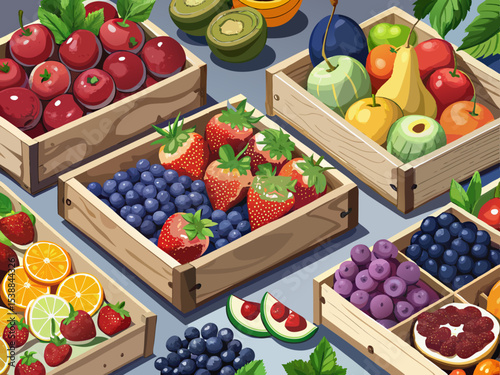 vector of All kinds of fruits. Ripe strawberries, cherries, grapes, blueberries, pears, apricots, figs in eco-friendly wooden boxes on gray background, top view...