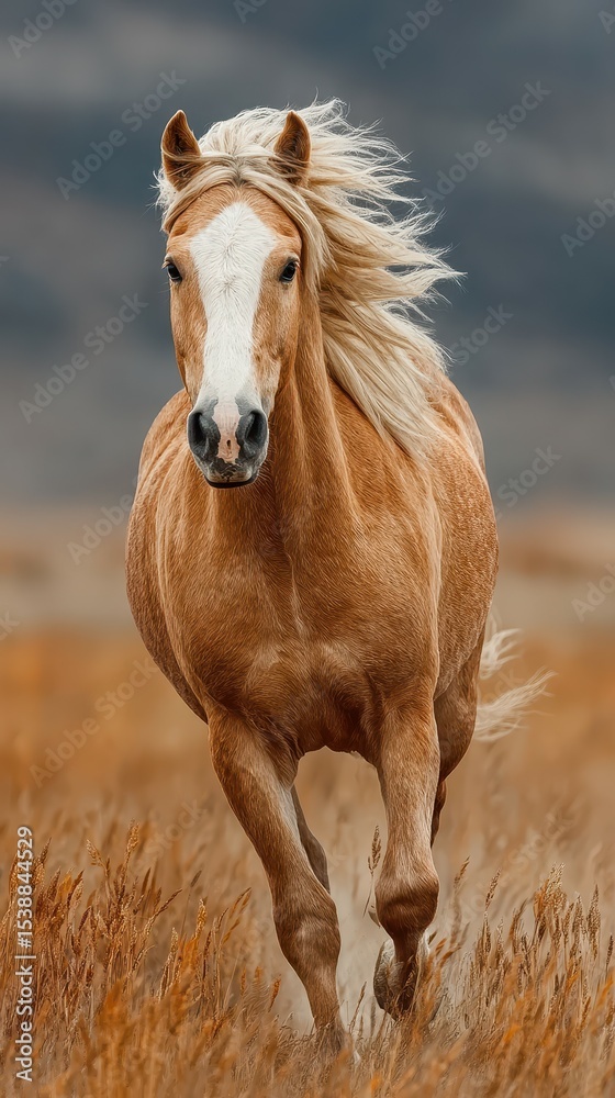Obraz premium Golden horse gallops through a field under a cloudy sky in the late afternoon, showcasing its beauty and grace