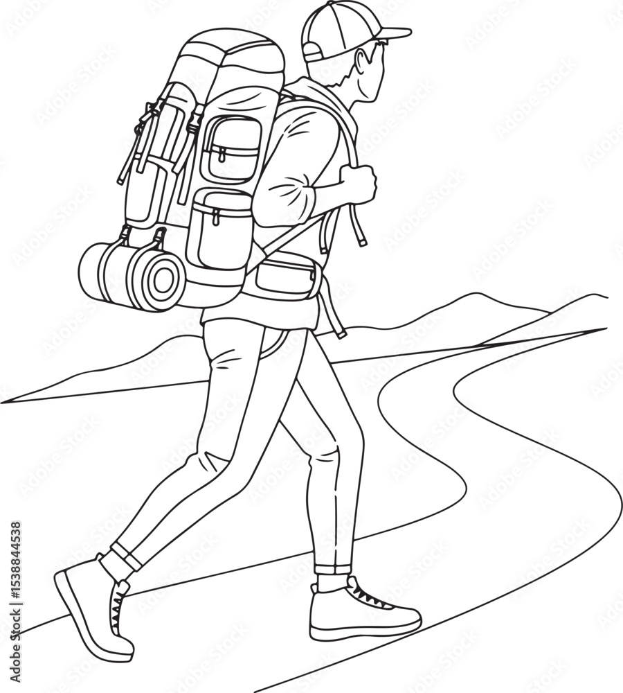 Fototapeta premium vector line art illustration showcasing a person engaged in hiking with a sizable backpack.