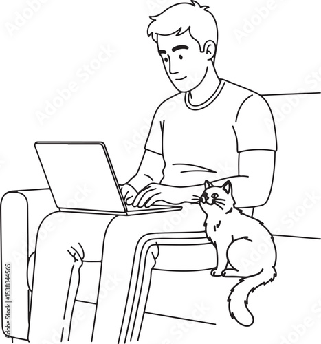  illustration of a man working on a laptop while an orange cat sits beside him, looking up at him.