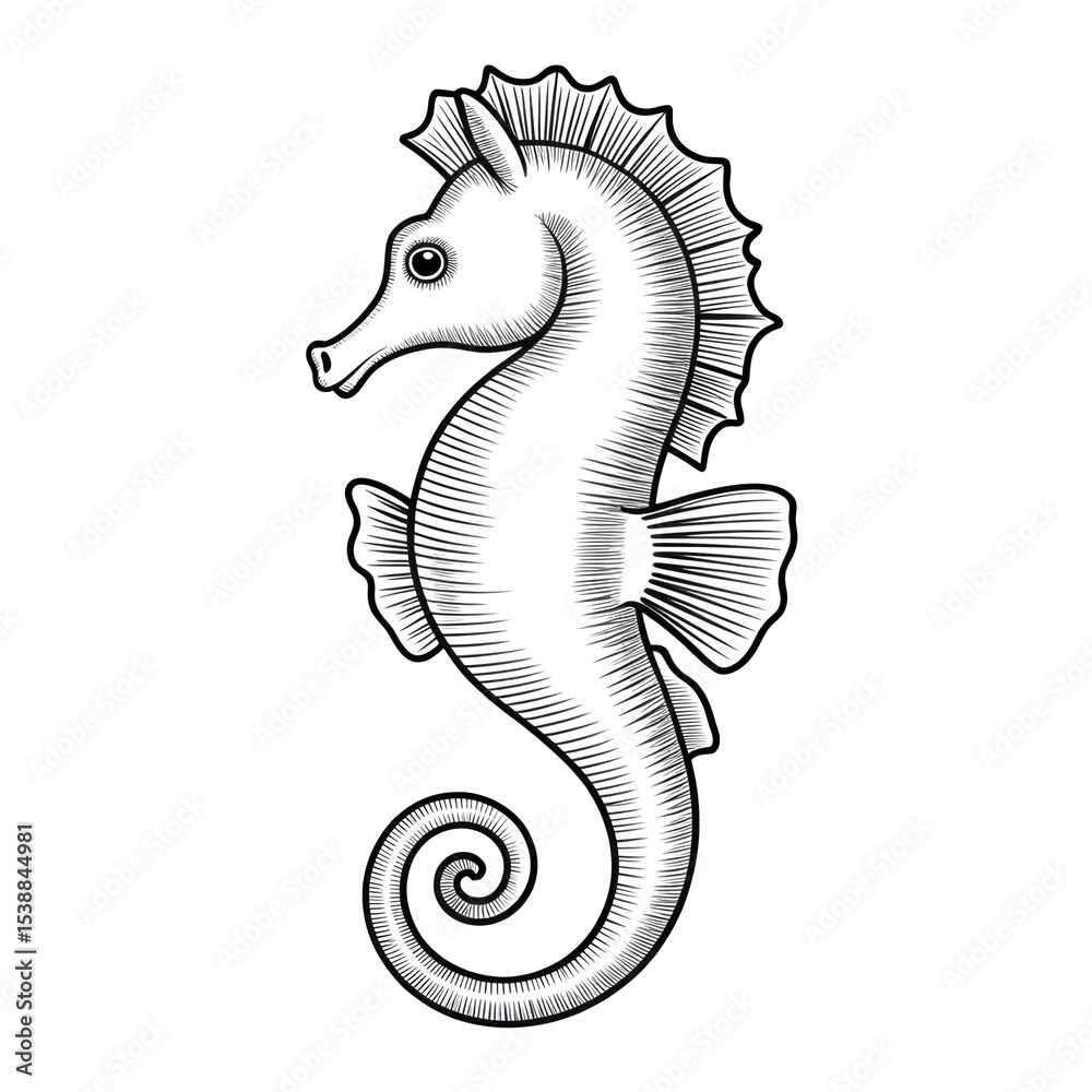 Fototapeta premium Seahorse sketch with curled tail and snout outline, transparent background.