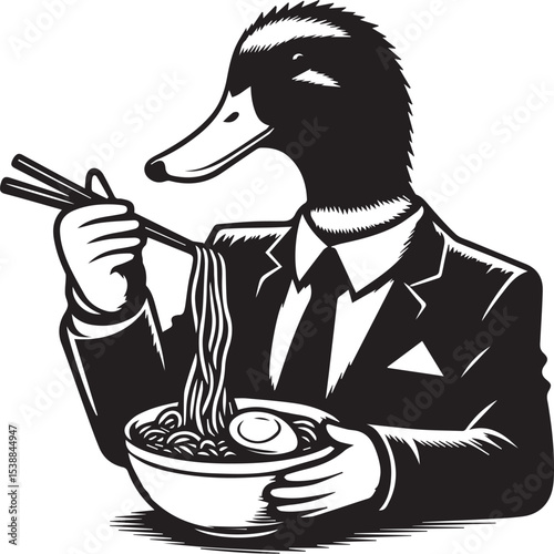 A dapper duck in a suit enjoys a delicious bowl of ramen noodles a stylish monochrome illustration perfect for restaurant menus or branding