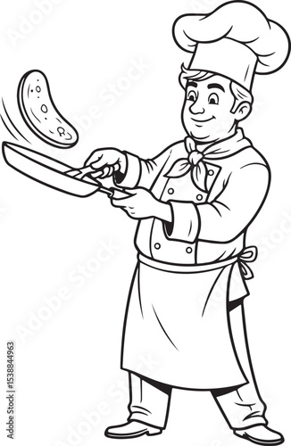 n outline illustration features a jovial chef in a classic chef's uniform and toque, standing and holding a frying pan with an item seemingly being prepared or tossed within it