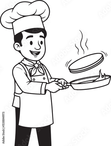 An outline illustration portrays a cheerful chef in a classic chef's hat and apron, expertly tossing a pancake in a frying pan, with steam rising from the hot food.