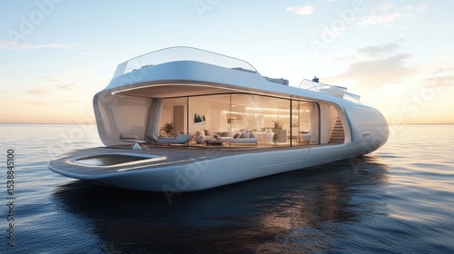 Modern yacht with sleek design and panoramic windows floating on calm water during sunset with sky reflections