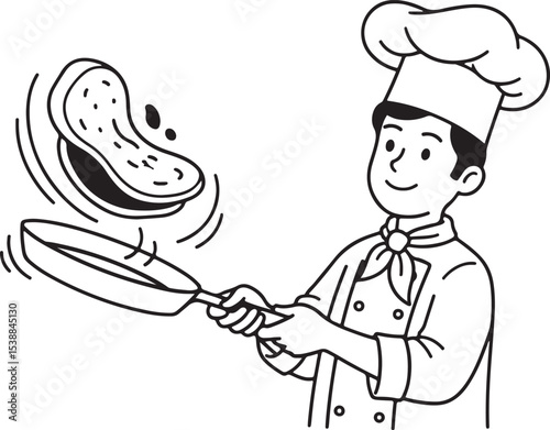 An outline illustration depicts a skilled chef in a chef's hat and uniform, confidently flipping a pancake high into the air with a frying pan.