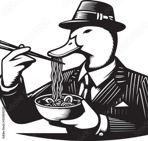 A dapper duck in a suit enjoys a delicious bowl of ramen noodles a stylish monochrome illustration perfect for restaurant menus or branding