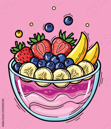 A vibrant vector illustration of a pink smoothie bowl topped with strawberries, blueberries, and banana slices, with some fruit pieces appearing to fall into the bowl.