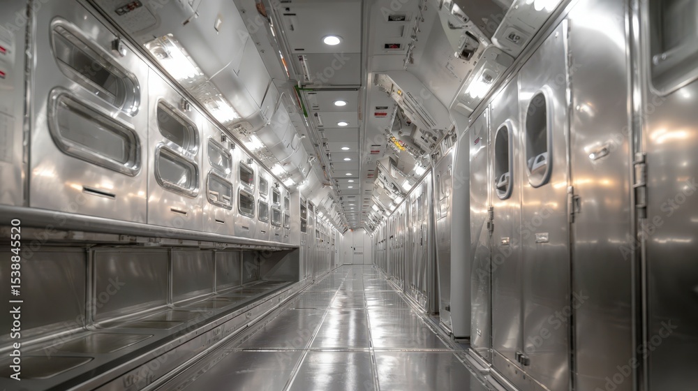 Fototapeta premium Modern Airplane Cargo Hold Interior Stainless Steel Walls and Compartments Empty spacious freight area