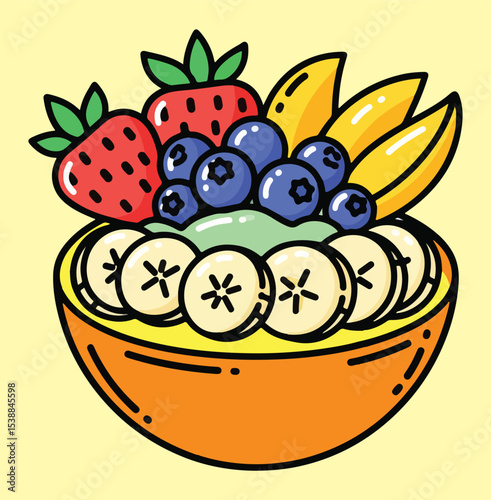  A simple vector illustration of a green smoothie bowl topped with strawberries, blueberries, and banana slices