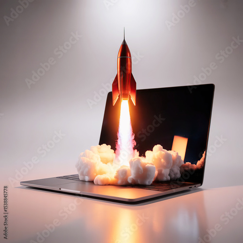 Rocket Taking off from Laptop Symbol of Startup Acceleration, Innovation and Digital Progress.