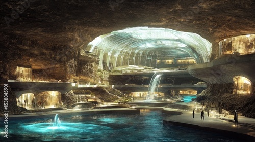 Modern Underground Retreat with Pools and Waterfalls Surrounded by Natural Rock Formations and Futuristic Architecture