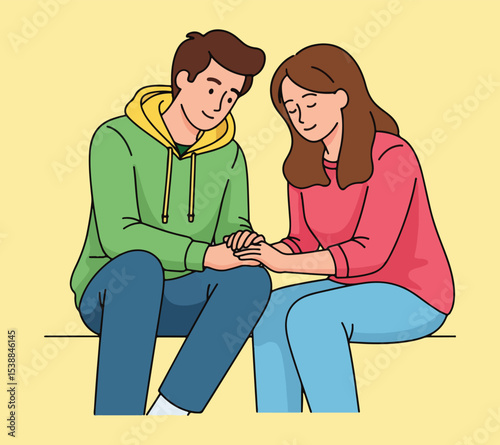  A vector illustration of a couple sitting on a bench and holding hands, depicting a moment of tender support and comfort between them.